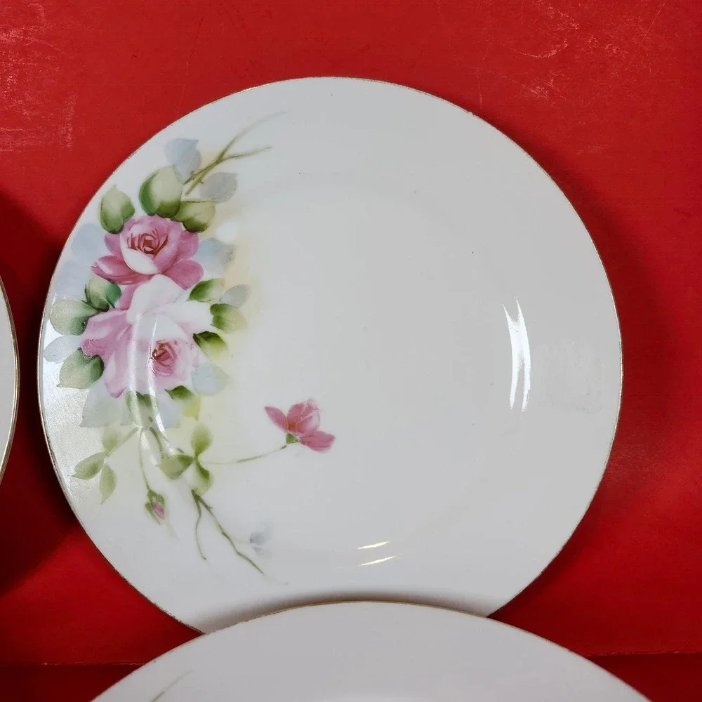 Vintage Hand Painted Nippon Plates Set of 4 Pink Roses Gold Rim Dining‎